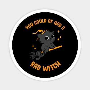 Halloween Kitty! You Could of had a Bad Witch! Black & Orange Funny Cat on a Flying Broom Witchy Stars October Love Magnet